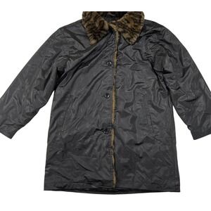 Atlantic Beach Black Leopard Faux Fur Trim Button Up Jacket Small PVC Overcoat